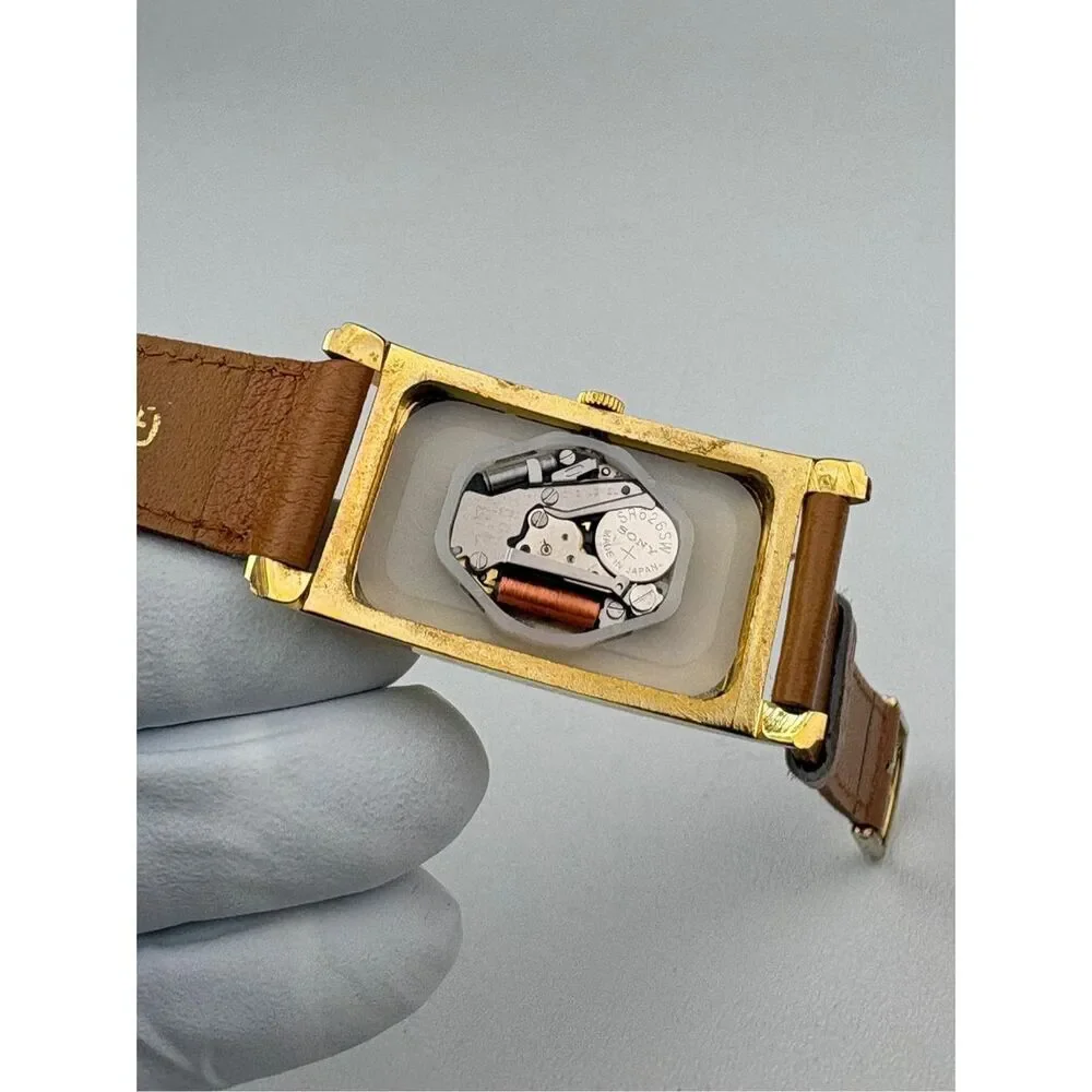 VTG USN Classic Quartz Watch Gold Tone Curved Long Rectangle Genuine Leather EM2